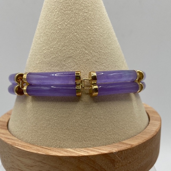 None Jewelry - Vintage 14K Yellow Gold Double Row Good Fortune Lavender Jade Bracelet 8 1/4”L
